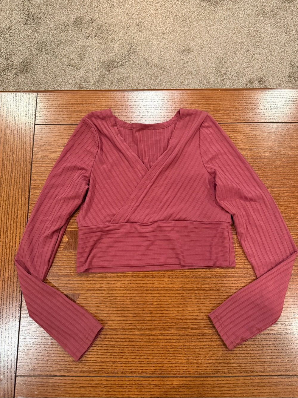 SHEIN Mauve Ribbed Wrap-Front Long Sleeve Crop Top